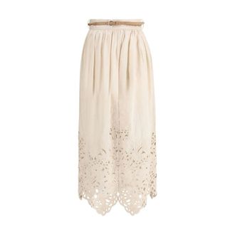 Zimmermann Midi Skirts, female, Beige, S, Embroidered Midi Skirt with Belt