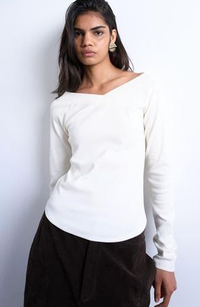 Topshop V-Neck Raglan Sleeve Long Sleeve Rib Knit Top in Ivory at Nordstrom, Size X-Small