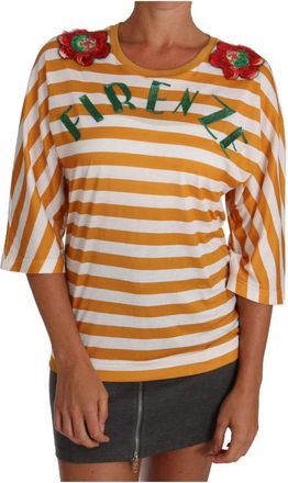 Dolce & Gabbana Firze Bloemen Paillet T-shirt - Dames - T-shirts - Oranje - M - Katoen - Tops