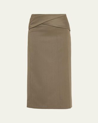 Victoria Beckham Wrap Waist Wool Twill Midi Skirt