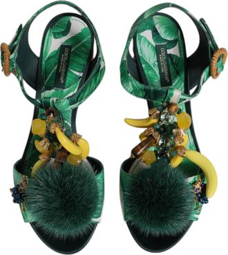 Dolce & Gabbana Womens Green Crystal Fur Embellished Sandals Shoes Silk Hay Mink