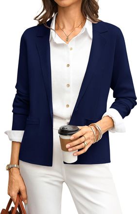 Grace Karin Womens Long Sleeve Blazers, Elegant Lapel V Neck Wedding Guest Cardigans, Casual Buttons Work Office Wear with Pockets CL081-05/Navy Blue L