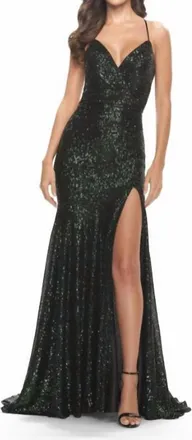 La Femme Sequin Gown With Slit In Dark Emerald