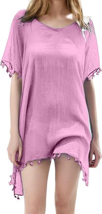 Generic Women Bathing Suit Cover Up Tassel Swimsuit Coverup Short Sleeve Beach Cover Ups Dress V Neck Beach Wear Swimming Costume Women Hot Pink