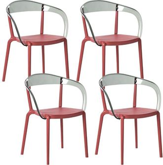 Beliani Set of 4 Garden Chairs Red Synthetic Material Plastic Indoor Outdoor Garden with Armrests Dining Room Modern Minimalist Style MALEVIZI