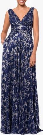 Betsy & Adam Metallic Floral A-Line Gown in Navy/Gunmetal at Nordstrom Rack, Size 2