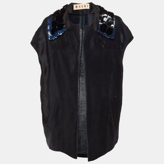 Marni Navy Blue Embellished Detail Silk & Linen Open Jacket