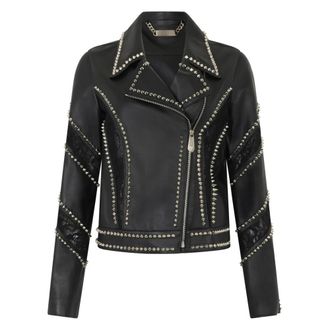 Philipp Plein Biker Jacket met Kantinzetten - Dames - Leren en Su&egrave;de Jassen - Zwart - M - Leer - Jassen