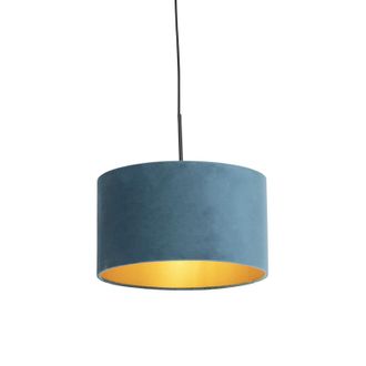 QAZQA Qazqa Cl&aacute;sico/antiguo L&aacute;mpara Colgante Con Pantalla De Terciopelo Azul Y Dorado 35 Cm - Combi Acero /textil Cil&iacute;ndra /alargada /redonda Adecuado Para 