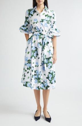 Carolina Herrera Rose Print Belted Midi Shirtdress in White Multi at Nordstrom, Size 10