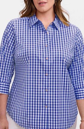 Foxcroft Margie Gingham Three-Quarter Sleeve Button-Up Shirt in Deep Sea Blue/White at Nordstrom, Size 2X