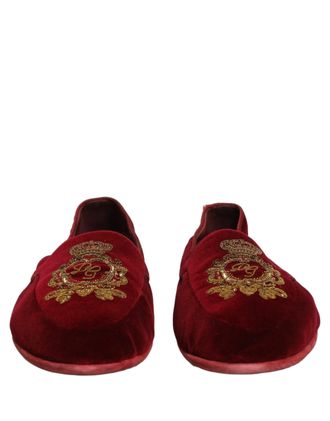 Dolce & Gabbana Crown-Embroidered Velvet Loafer - Maroon