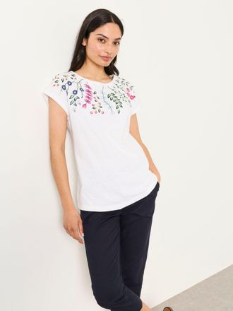 Fat Face FatFace Ivy Navy Floral Embroidered T-Shirt in Ivory