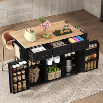 Merax Kitchen Island Trolley with Foldable Worktop, Kitchen Storage Cabinet in Black