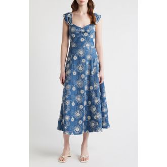 ZOE AND CLAIRE Embroidered Cap Sleeve Chambray Midi Dress in Denim at Nordstrom, Size X-Large