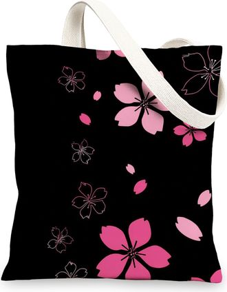 Generic Cherry Flower Canvas Tote Bag, Reusable Grocery Bags, Lightweight Black Shoulder Strap Bag 13x15 Inch