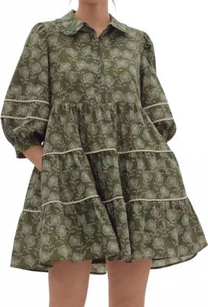 Entro Elle Floral Print Contrast Trim Half Sleeve Mini Dress In Olive Green