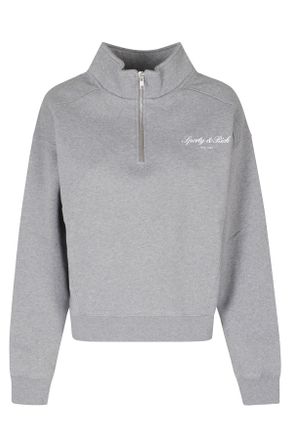 Sporty & Rich Grey Signature NY Cropped Quarter-Zip Sweatshirt