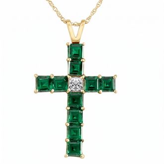 Pompeii3 6Ct TW Princess Cut Diamond & Emerald Cross Pendant Necklace Gold Lab Grown