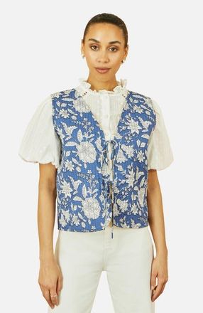 Yumi Floral Reversible Quilted Vest Jacket in Blue at Nordstrom, Size 12