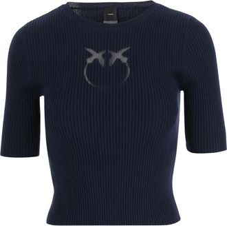 Pinko Trui van wolmix met ronde hals en logo - Dames - Ronde hals truien - Blauw - L - Wol - Truien & Vesten