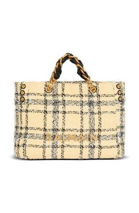 Balmain Plaid tweed 1945 tote bag in Yellow at Nordstrom