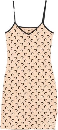 Marine Serre Short Dresses, female, Beige, Size: XS Moon Print V-neck Spaghetti Strap Dress