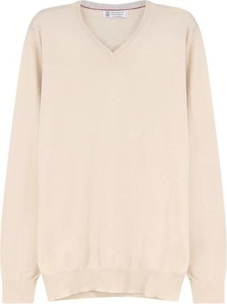 Brunello Cucinelli V-hals Kasjmier Trui - Heren - Cashmere truien - Beige - XL - Kasjmier - Truien & Vesten