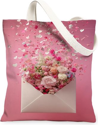 Generic Flower Heart Canvas Tote Bags, Stylish Floral Design Reusable Grocery Bags, Spring Chic Lightweight Washable Shoulder Strap, Peach, 13x15 Inch