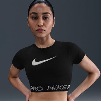 Nike Womens Nike Pro Dri-FIT Short-Sleeve Cropped Graphic Top in Black | HV3673-010