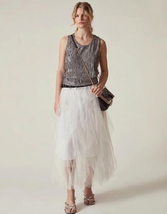 James Lakeland Womens White Tulle Ruffle Midi Skirt - Size: 12
