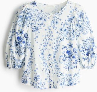 H&M Bluse aus Leinenmix - Mittelblau/Blumenmuster
