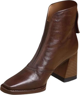 Generic Chic Ankle Boots with Mid Heel, Retro Square Toe Chunky Heel Boots, Casual Dress Booties with Back Zippers for Business Work Date Wear (7.5,Brown)