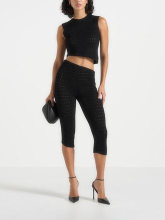Mani&egrave;re De Voir Aimee Pointelle Asymmetric Capri Leggings in Black at Nordstrom, Size X-Small