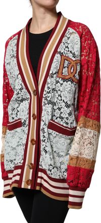 Dolce & Gabbana Womens Lace Block Colorblock Cardigan Multicolor Cotton Viscose Nylon Clothing