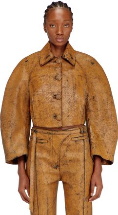 Diesel Cropped cocoon jacket in crackle leather - Leather jackets - Woman - Brown