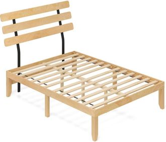 Costway Double Size Bed Frame Solid Wood Platform Bed w/Retro Headboard-Natural