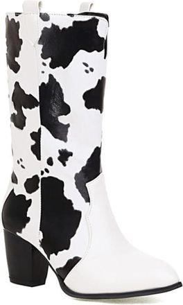 Generic Womens Cow Print Western Boots Pointed Toe Block Heels Mid Calf Booties Stylish Comfortable Non Slip Durable for Party Casual Daily Wear,White,8.5 UK
