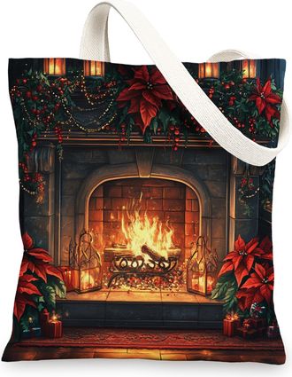 Generic Merry Christmas Fireplace Canvas Tote Bag for Shopping 13x15, Family Xmas Landscape Reusable Grocery Print Bag for Women Men, Holiday New Year Aesthet
