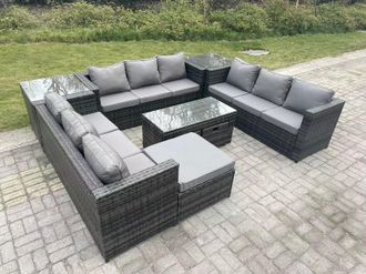 Fimous Rattan Garden Furniture Lounge Sofa Set With Oblong Rectagular Coffee Table Big Footstool in Dark Grey