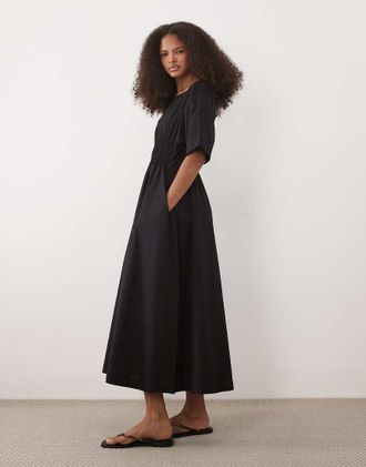 Threadbare Vestito midi a maniche corte in popeline di cotone nero