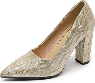 Generic Womens Shiny Blooming Pattern Closed Pointed Toe High Block Heel Pumps Elegant Party Wedding Shoes Slip On (5.5,Gold)