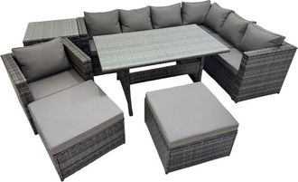 Fimous Fimous Rattan Garden Furniture Set Outdoor 9 Seater Patio Dining Corner Sofa Sets with Dining Table Chair 2 Big Stools Side Table Dark Grey Mixed