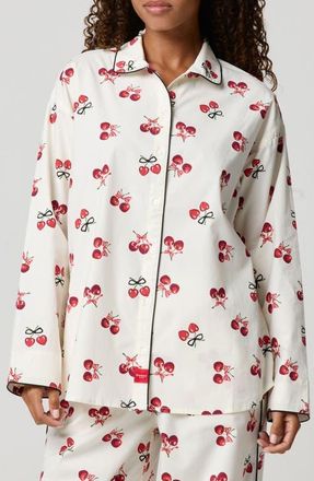 Florence By Mills Oversize Stretch Cotton Button-Up Pajama Shirt in White Cherry at Nordstrom, Size Xx-Small