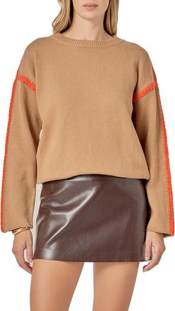 English Factory Stitch Detail Relaxed Fit Cotton Sweater in Tan/Orange at Nordstrom, Size Small