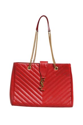 Saint Laurent Red Chevron Quilted Grained Leather Monogram Tote Womens Bag (Pre-Owned)