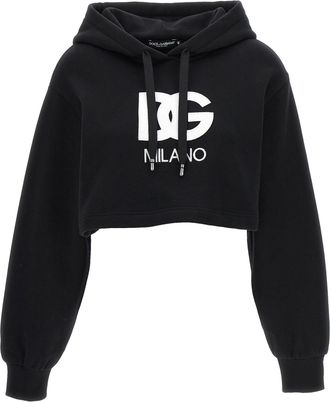Dolce & Gabbana Logo Embroidery Cropped Hoodie Felpe Nero-Donna