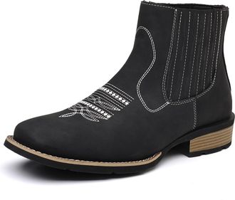 Generic Mens Western Cowboy Boots PU Leather Ankle Chelsea Boots Slip-On Embroidered Round Toe Retro Ranch Riding Classic Durable Casual Dress Fashion Footwea