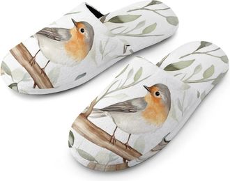 Generic Robin Bird On Woods Warm Mens Slippers Slip On Soft Fleece House Shoes Winter Indoor Outdoor