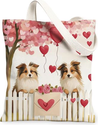 Generic Valentines Day Shetland Sheepdog Dog Canvas Tote Bag for Shopping 13x15, Farm Couple Puppy Reusable Grocery Print Pattern Bag for Women, Pet Beach Aes